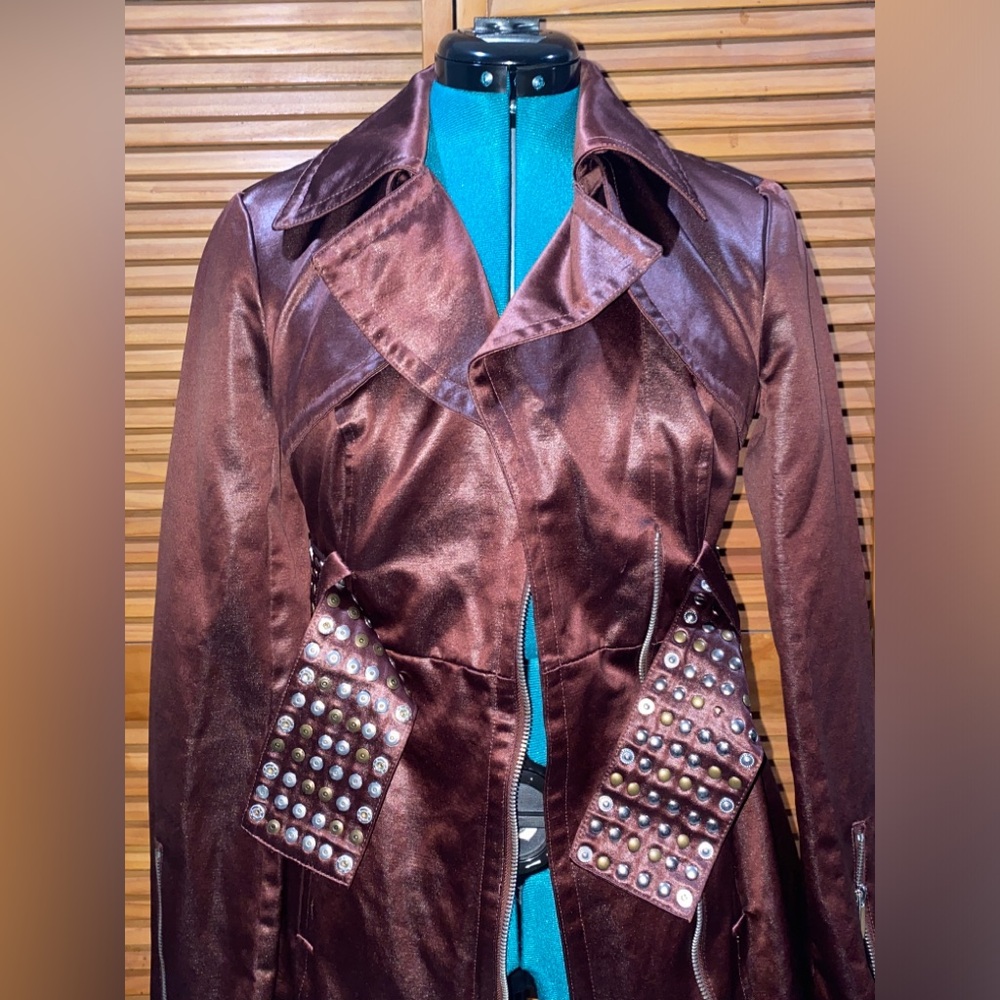 Bebe metallic burgundy Trench coat with gorgeous belt